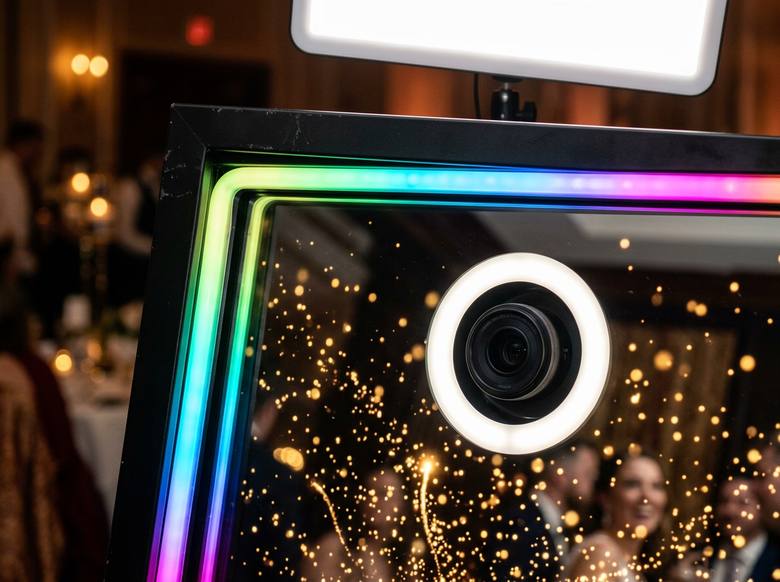 Nahaufnahme des Fotospiegels mit farbigem LED-Rahmen und Kamera-Ringlicht
