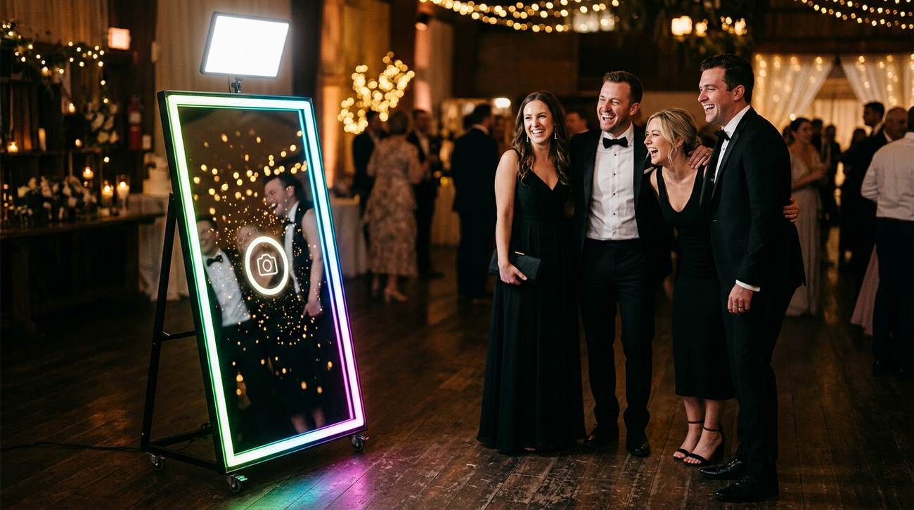 Gäste lachen und posieren vor dem beleuchteten Fotospiegel auf einer Hochzeit