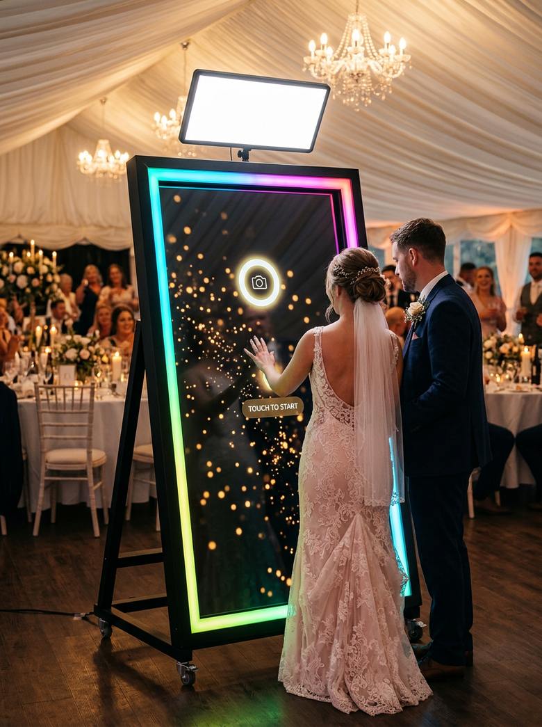 Fotospiegel mit leuchtendem LED-Rahmen auf einer festlich dekorierten Hochzeit