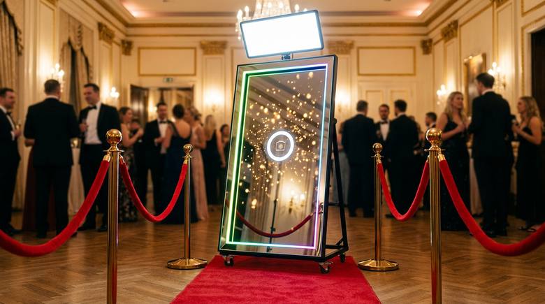 Fotospiegel mit rotem Teppich und goldenen VIP-Ständern in einem Festsaal